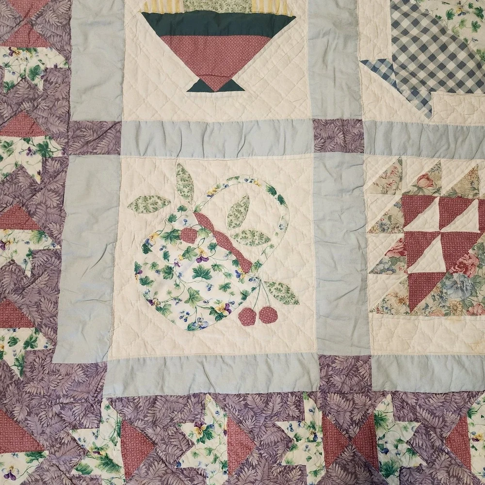 Vintage‎ Quilted Patchwork Baskets, Flowers, Purple, Blue 56x46. See Photos!!